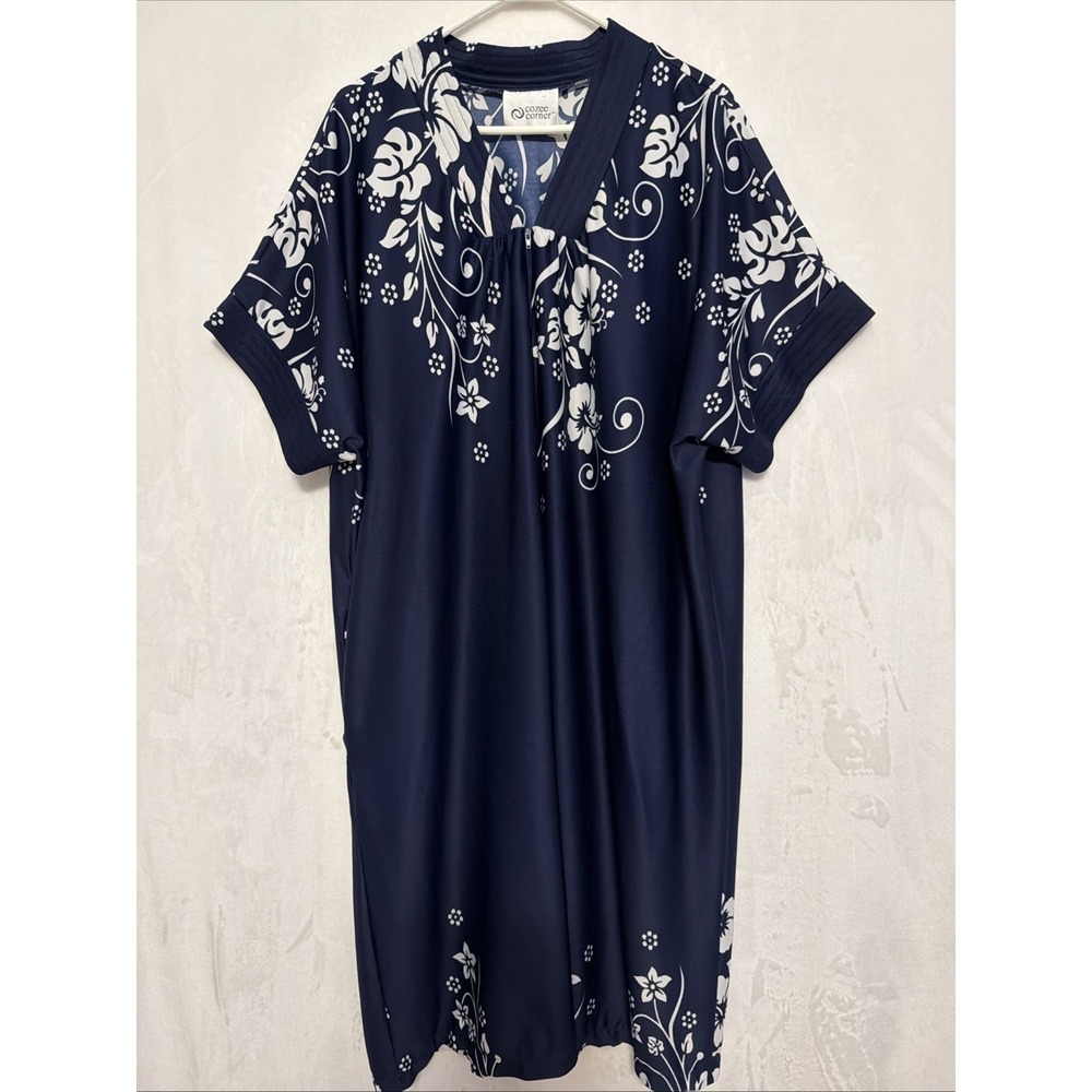 Vintage Cozee Corner Half Zip Nightgown Navy White Print 2X Cozy